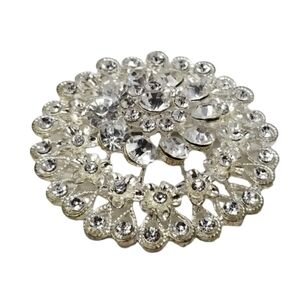 Large Clear Rhinestone Brooch Tiered Silver Tone Round 3D Flower Pin Teardrop